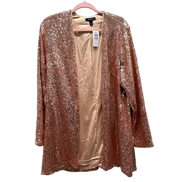 Torrid Stretch Sequin Long Line Open Front Blazer Jacket Size 2X Rose Gold NWT - Picture 2 of 9